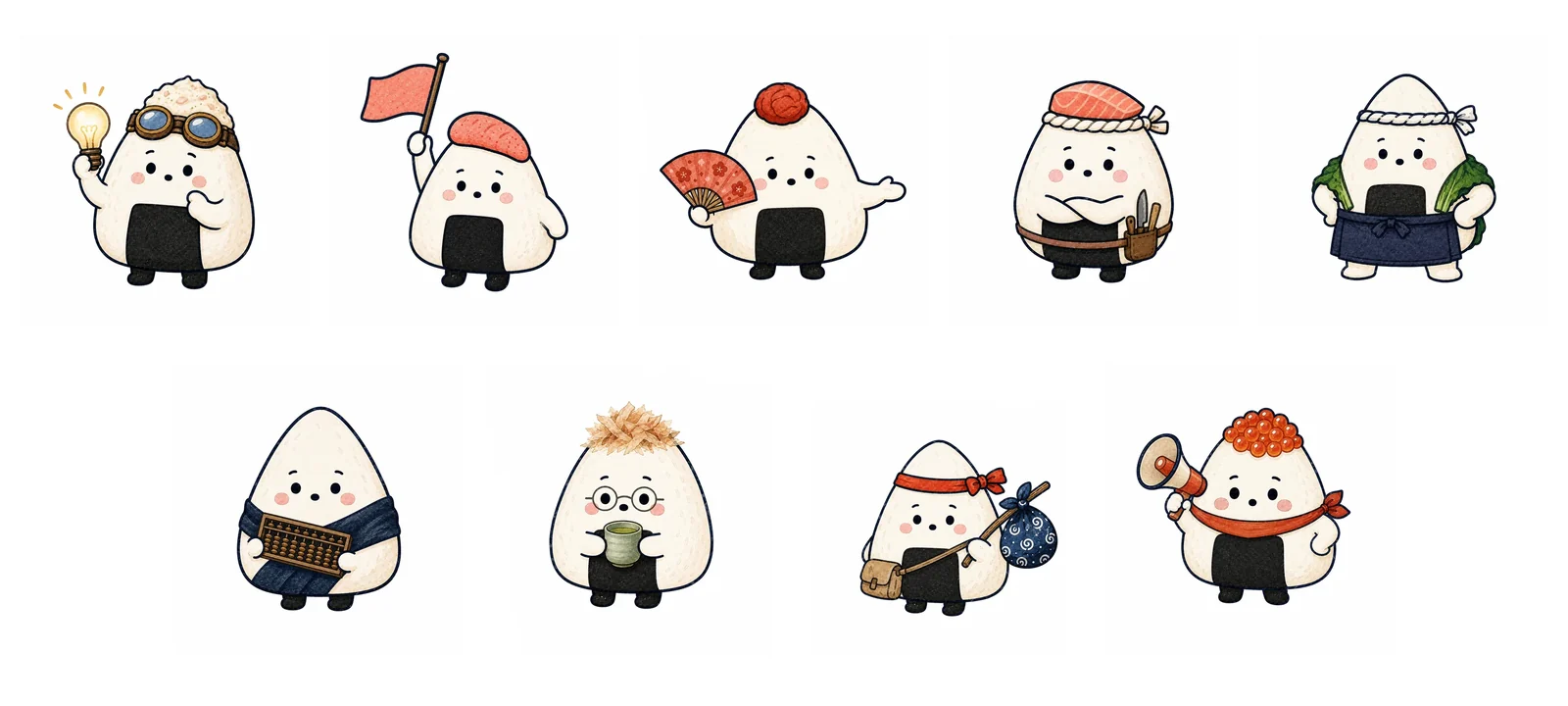 キャラクターIP「ムスビメシ」の9体（ツナマヨ、明太、梅、鮭、高菜、昆布、おかか、しお、すじこ）